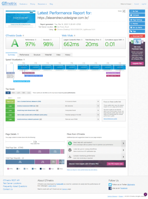 Gtmetrix - Informações sobre o desempenho do seu site