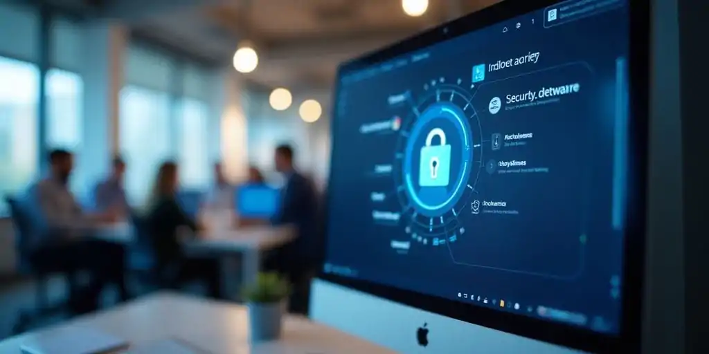 Tela de computador com interface de software de segurança.