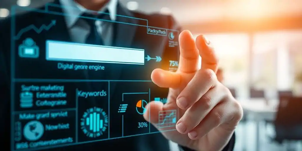 Reunião estratégica entre empresário e consultor de SEO, discutindo métricas de desempenho e planejamento de ações personalizadas para crescimento digital.