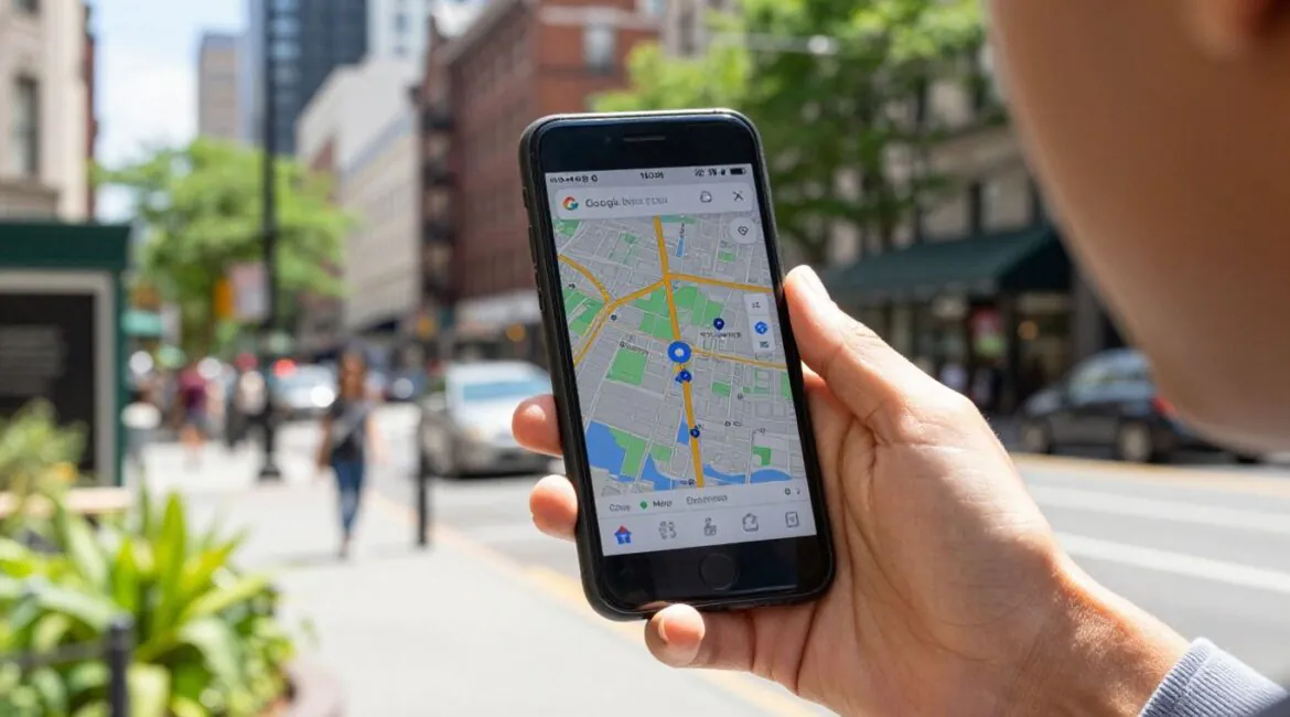 Pessoa conversando com o Google Maps em um guia local.